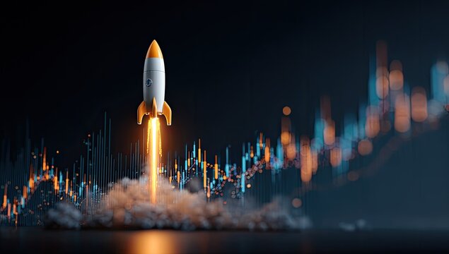 Rocket launching amidst financial chart - Powered by Adobe