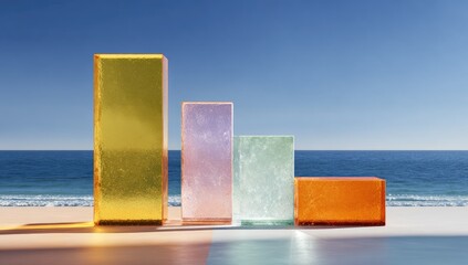 Colorful, translucent rectangular blocks on a beach scene