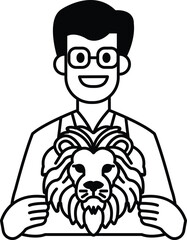A man in a lab coat holding a lion head