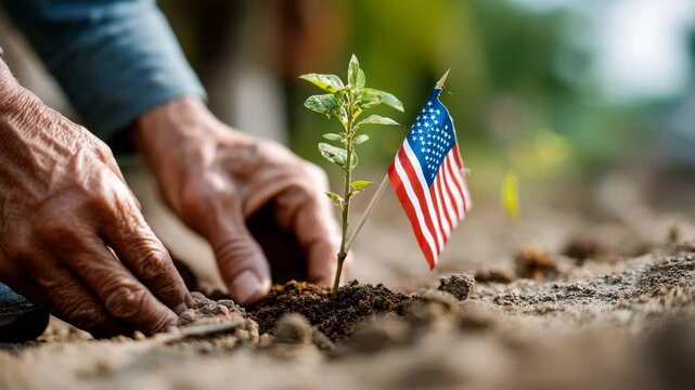 Farmer planting young tree seedling with United States flag