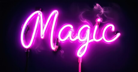 Bright pink neon sign spells Magic. Dark background enhances glowing script. Smoke adds subtle visual interest.