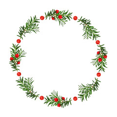 Round Christmas holiday frame with conifer branches, red decorative berries, and gold stars. Winter festive wreath for greeting cards, invitations, collages.