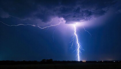 Dramatic close-up of a powerful bolt of lightning striking the ground during a fierce thunderstorm, illuminating the dark night sky with brilliant white light and intense energy ,  bolt,  luminous