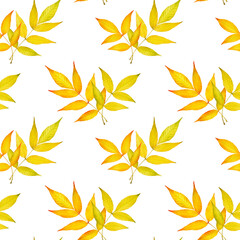Seamless autumn pattern with yellow and orange leaves on a white background. Perfect for textiles, packaging, wallpaper, scrapbooking, cards and digital projects.