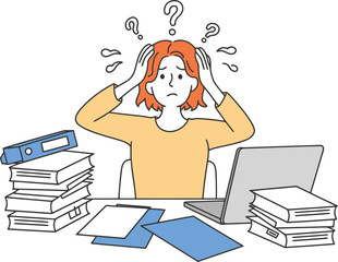 Stressed businesswoman overwhelmed with paperwork and deadlines experiencing burnout at her desk in office