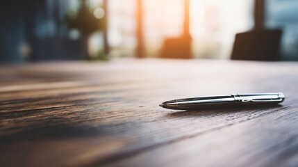 A sleek black pen rests on a rustic wooden table, bathed in strong backlight from a window,