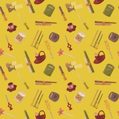 Bright Yellow Seamless Candle Pattern with Decorative Holders and Cozy Details. Seamless pattern with elegant candles, holders, and cozy decor elements on a yellow background. Ideal for textile prints