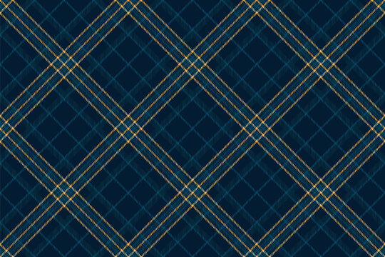 Classic plaid pattern featuring crossing blue and gold lines on dark blue background. Versatile for textiles, backgrounds, or graphic design projects needing a timeless feel.