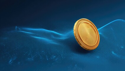 Golden coin on a digital wave background
