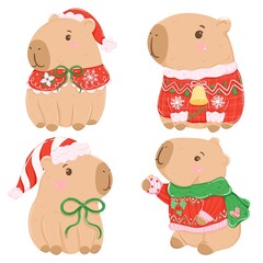 Cute Christmas Capybaras in Santa Hats and Ugly Sweaters  Set