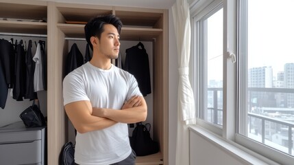 Man Contemplating at Window: A man gazes thoughtfully out of a window, arms crossed, dressed in a white shirt and standing near a wardrobe. Contemplation, urban life.
