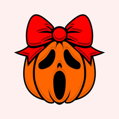 Creative Halloween pumpkin illustration with spooky ghost face and big red bow. A unique mix of scary and cute style, perfect for holiday decoration, stickers, apparel, and festive designs.