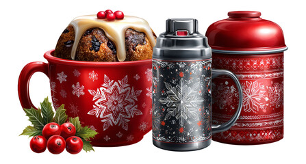 Festive Red Holiday Cupcake with Decorative Mugs on Isolated Transparent Background