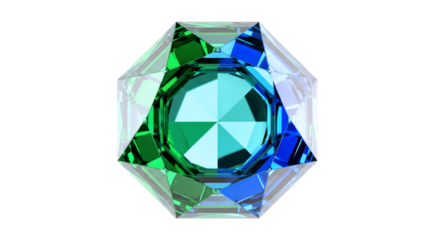 radiant gem blue and green 3d jewel, sparkling facets, octagonal brilliance, isolated on transparent background