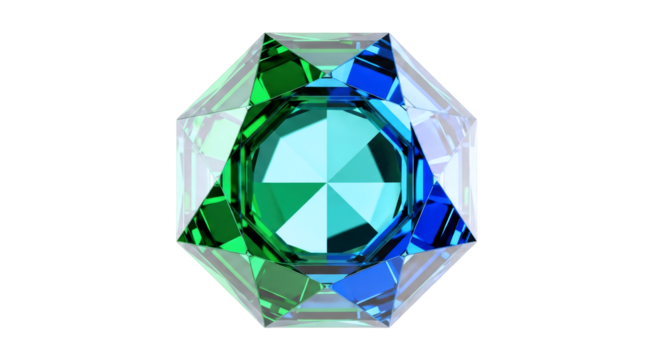 radiant gem blue and green 3d jewel, sparkling facets, octagonal brilliance, isolated on transparent background