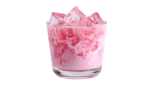 Pink strawberry milkshake with ice cubes isolated on transparent background