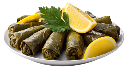 Plate of dolma stuffed grape leaves with lemon and parsley isolated on transparent background
