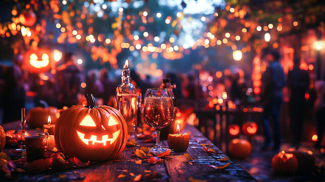 People gathered around a party table celebrating halloween with drinks and pumpkins