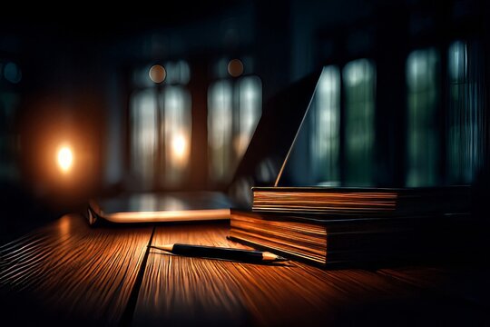 Warm glow of a desk with stacked books, a pen, and a laptop in a dimly lit room during evening hours