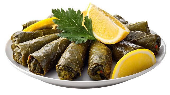 Plate of dolma stuffed grape leaves with lemon and parsley isolated on transparent background