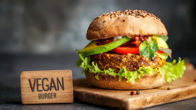 Tasty vegan burger with wholemeal bun, vegetables and lentil patty resting on wooden board