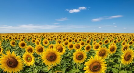 Fototapeta premium Vibrant sunflower field under a clear blue sky, a breathtaking summer landscape bursting with color