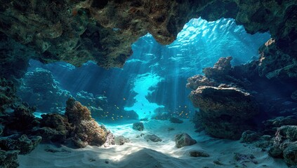 Sunlit underwater cave with coral reef