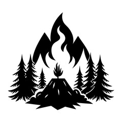 Bonfire with Trees Silhouette Vector