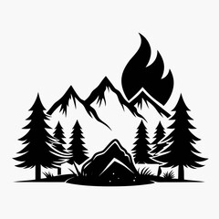 Obraz premium Bonfire with Trees Silhouette Vector