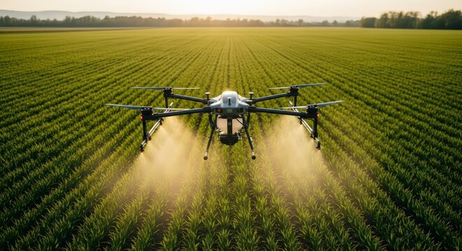 Agri drone sprays crops in vast green field at sunrise, modern farming technology innovation