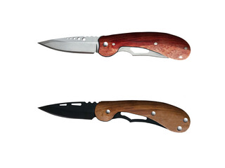 Close-up of a wooden-handled dagger made of one stainless steel and one blackened, isolated on a transparent background png file.