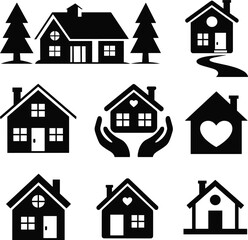 Black and white house icons set, love home symbols, family shelter signs, real estate vector, caring housing illustrations, minimal design
