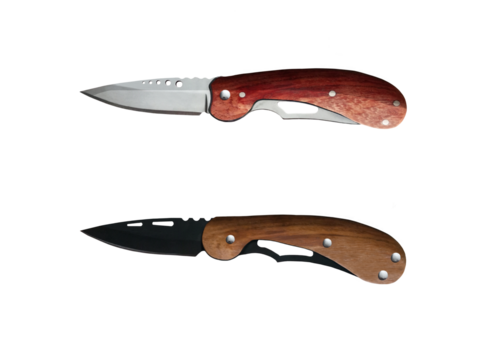 Close-up of a wooden-handled dagger made of one stainless steel and one blackened, isolated on a transparent background png file. - Powered by Adobe