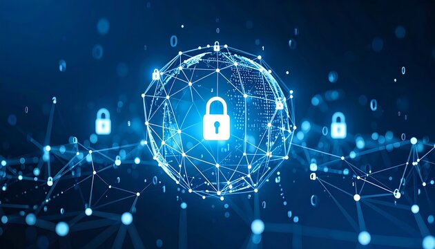 A futuristic representation of global data security and digital protection. 