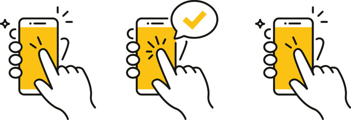 Mobile payment success hands using smartphone to complete transaction with checkmark for business applications