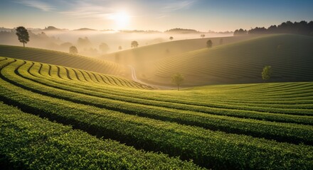Golden sunrise illuminates rolling green tea plantations, creating a serene, breathtaking landscape