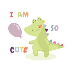 Adorable cartoon dinosaur with pastel balloon and cute lettering. Perfect vector illustration for baby shower, gender reveal, newborn celebration, kids party invitation or greeting card.