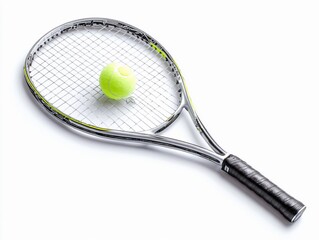 Close-up of a tennis racket and a neon yellow tennis ball on a white background during an indoor practice session
