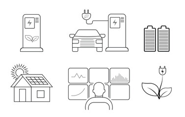 Electric Energy and Sustainable Technology Line Icons Including EV Charging and Solar Power