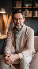 Fototapeta premium A psychotherapist in the office. The pose is relaxed and open. The face expresses goodwill - a soft smile, a calm look, emphasizing empathy and professionalism.