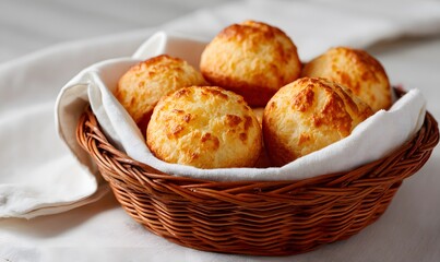 wicker basket with subtly golden Brazilian cheese bread on a pure white background