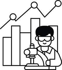 A man in a lab coat is wearing goggles and looking at a graph