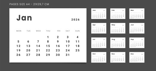 2026 Calendar Planner Set of new Template 12 Monthly Page for Corporate or Personal use. Vector layout minimalist of a wall or desk organizer with week start Monday for print. Page for size A4-21x29.7