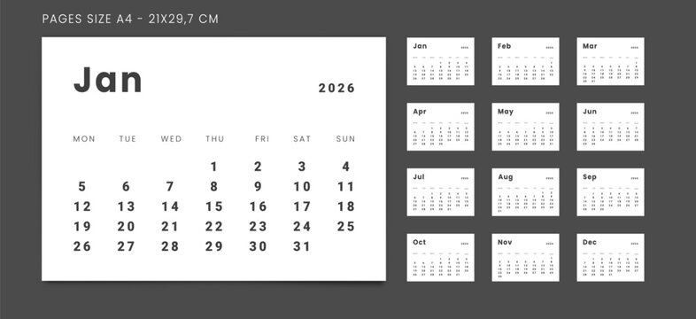 2026 Calendar Planner Set of new Template 12 Monthly Page for Corporate or Personal use. Vector layout minimalist of a wall or desk organizer with week start Monday for print. Page for size A4-21x29.7