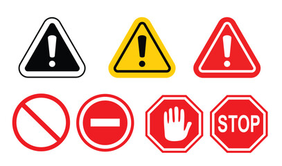 Obraz premium Warning and stop signs vector set with caution danger and prohibition symbols isolated on white background