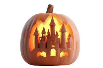 A Halloween jack-o’-lantern shaped like a castle, isolated on a transparent background.