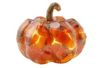 A Halloween pumpkin made of crystal with glowing cracks, isolated on a transparent background.