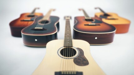 Naklejka premium Four acoustic guitars arranged in a row showcase varying finishes from natural wood to deep sunburst,