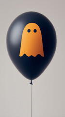 A black balloon with a simple an orange flat icon of a silhouette of Halloween ghost printed on it, isolated on a white background