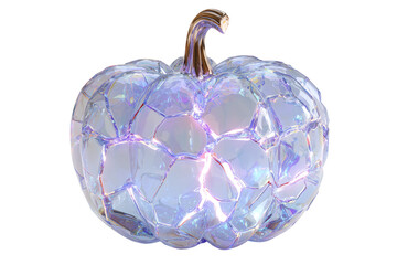 A Halloween pumpkin made of crystal with glowing cracks, isolated on a transparent background.